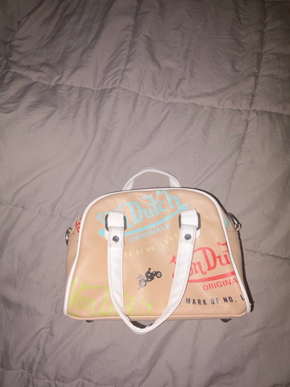 Von Dutch look a like  Beige Mini Bag with White Handles and Multicolor Logo